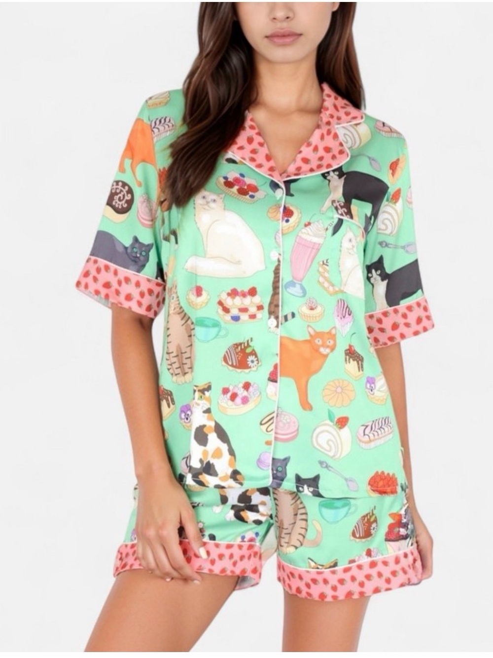 Anna-Kaci coffee Cat Silk Pajamas Women  Loungewear Short Sleeve Set Sleepwear